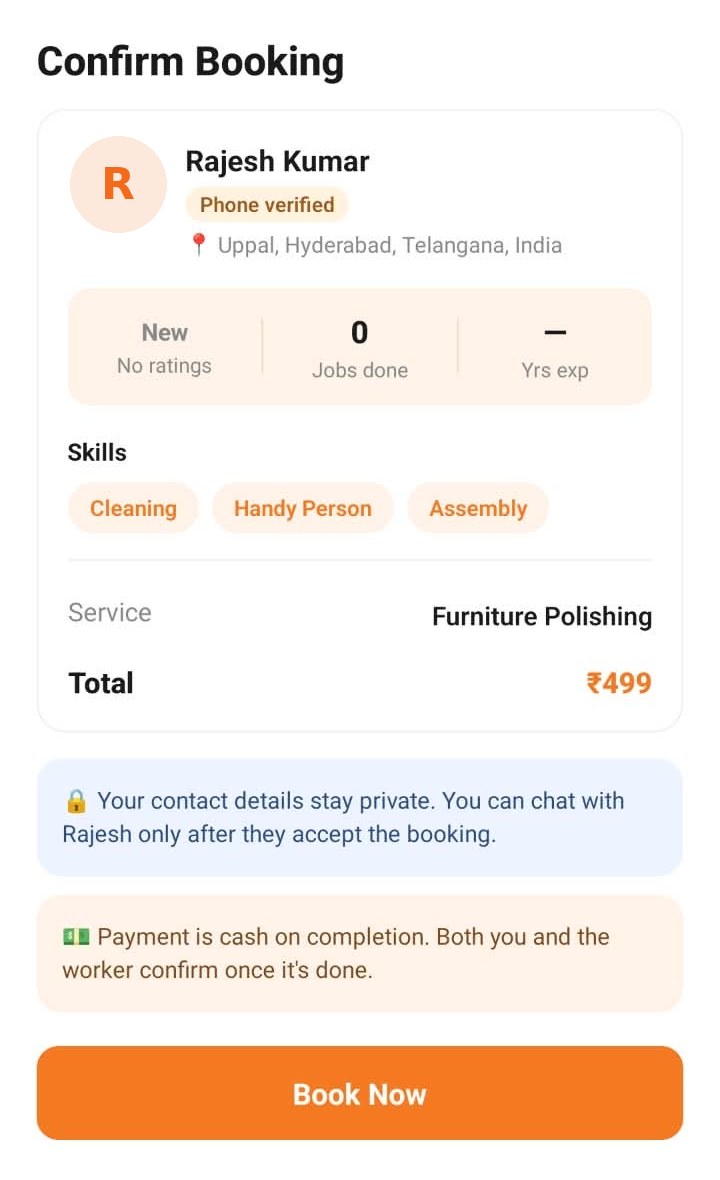 Confirm booking screen showing the worker's skills, the agreed total and notes about privacy and cash payment