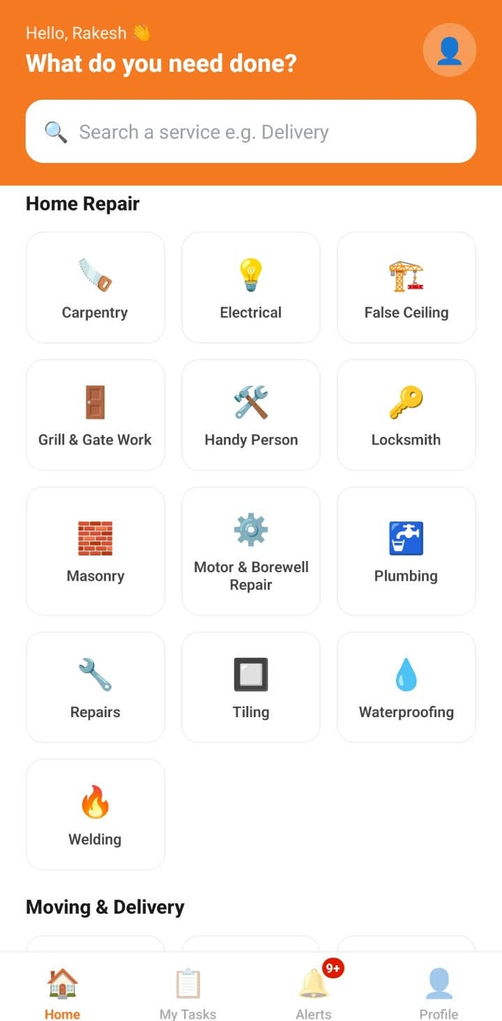 AbhiWork home screen showing Home Repair services including Carpentry, Electrical, Plumbing and Welding