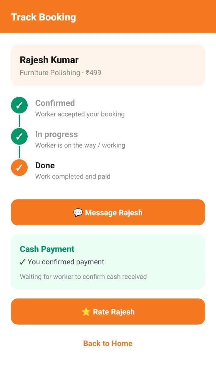 Track booking screen showing the three stages confirmed, in progress and done, with cash payment confirmation